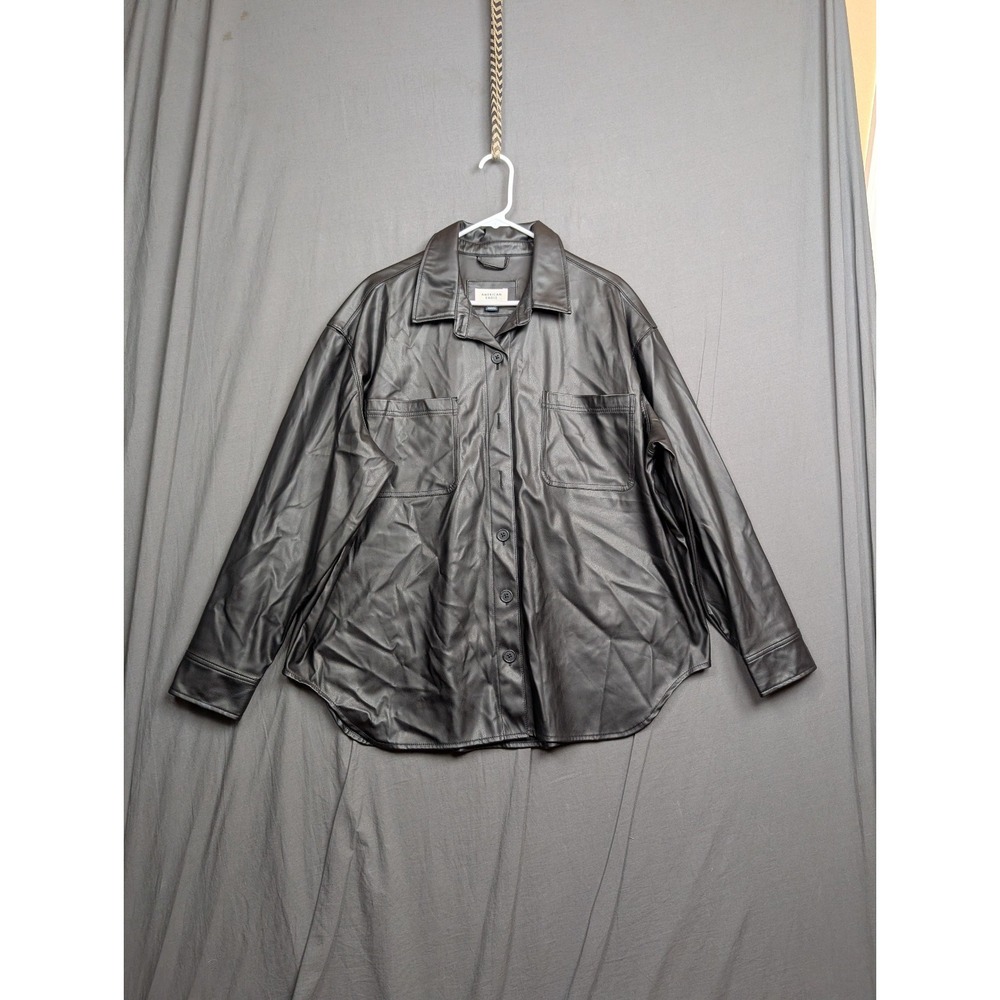 American Eagle Oversized Vegan Leather Shacket Black Button Front Jacket Size XL